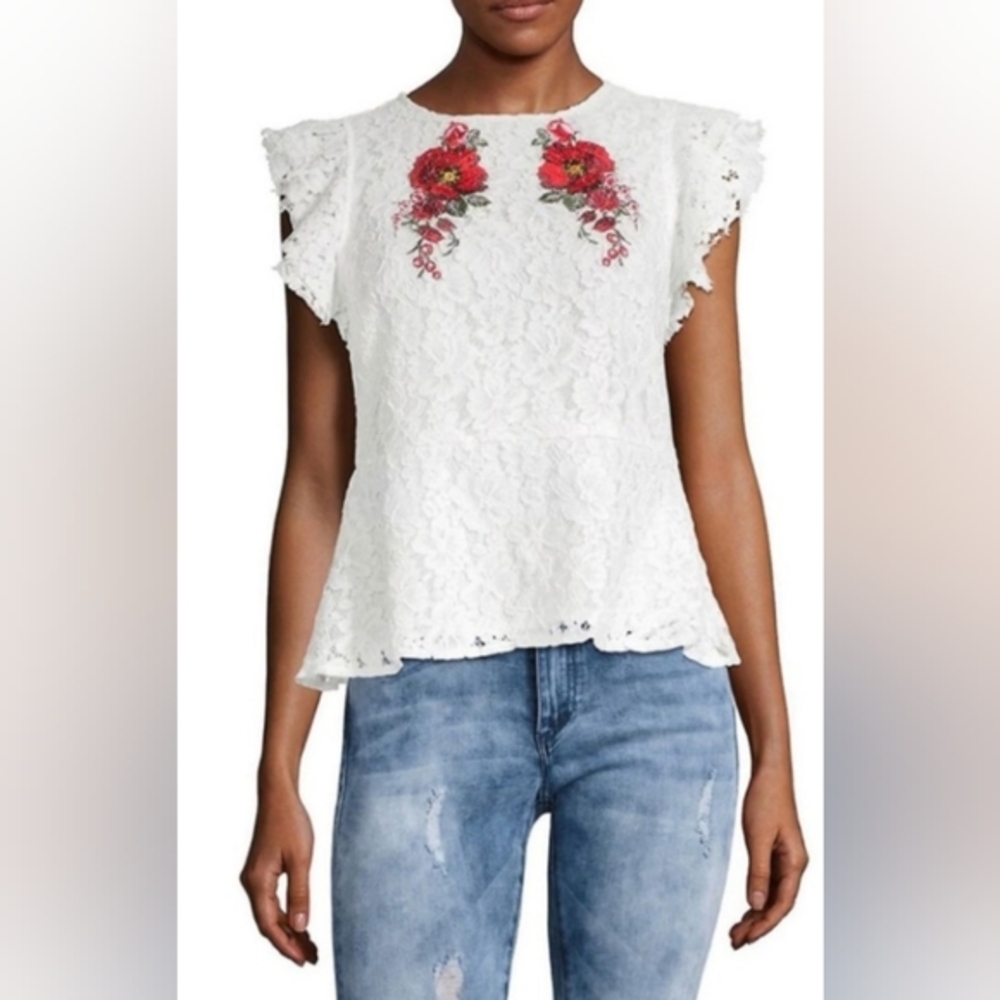 Lea & Viola White & Red Lace Rose Embroidery Top Blouse Size Small